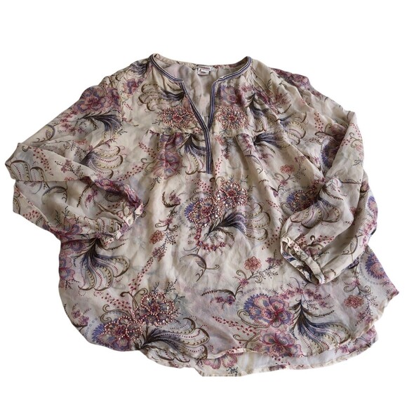 Sundance Top Womens Large Blouse 100% Silk Floral Beaded Boho Paisley Sheer - Picture 9 of 10